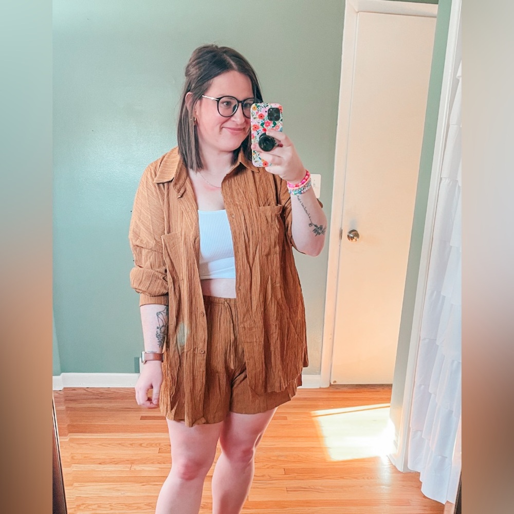 Brown Crinkled Shirt and Shorts Set
